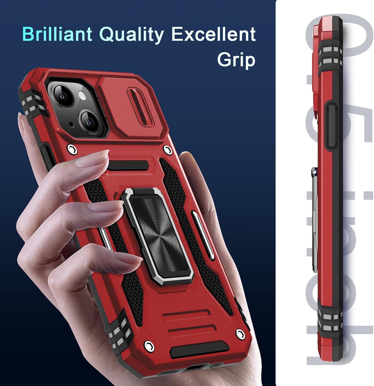 DEERLAMN Case for iPhone 14 Plus with Slide Camera Cover+Screen Protector(1 Pack), Rotated Ring Kickstand Military Grade Shockproof Protective Cover 6.7 Inch-Red - Image 8