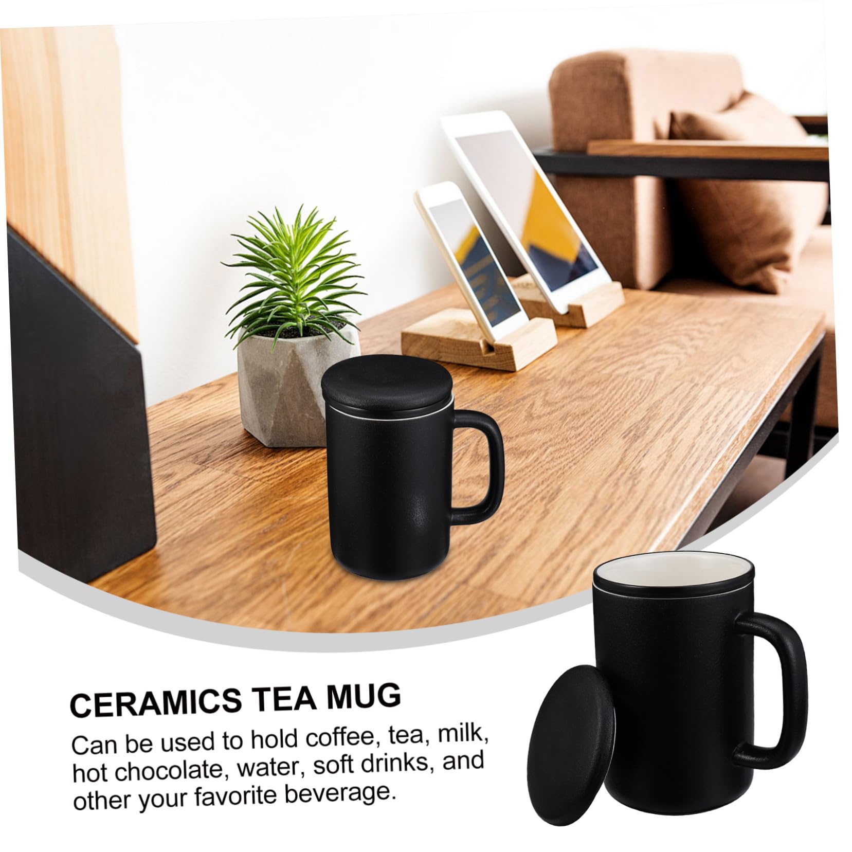 Keramik Teebecher 400ml mit Sieb und Deckel in Schwarz