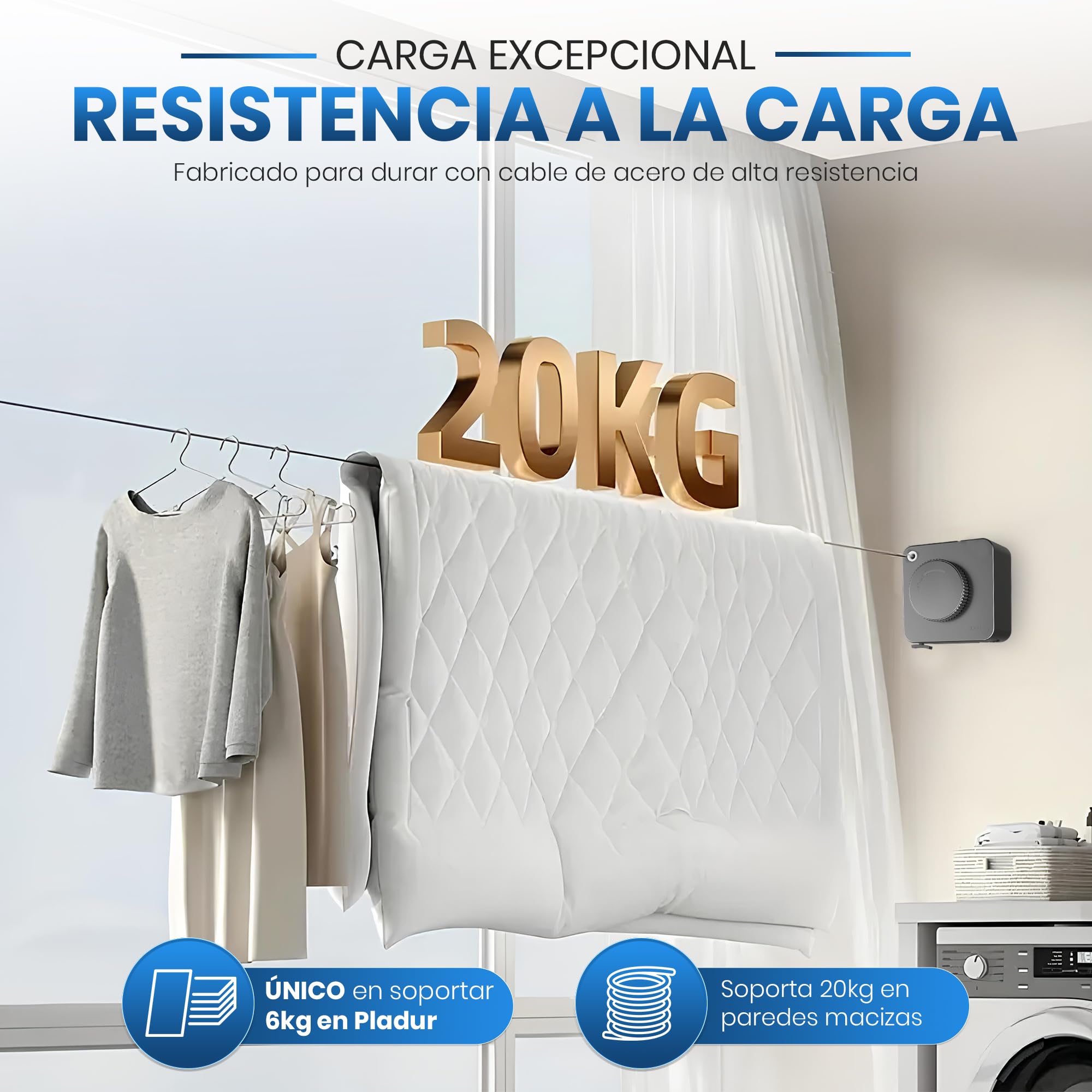 Pack Tendedero Extensible Pared Exterior, Incluye Kit Instalación Sin Taladro o Con Tornillos para Baño/Balcón + Kit Pladur y Set 10 Pinzas - Tendedero Pared Exterior - Tenderete Extensible