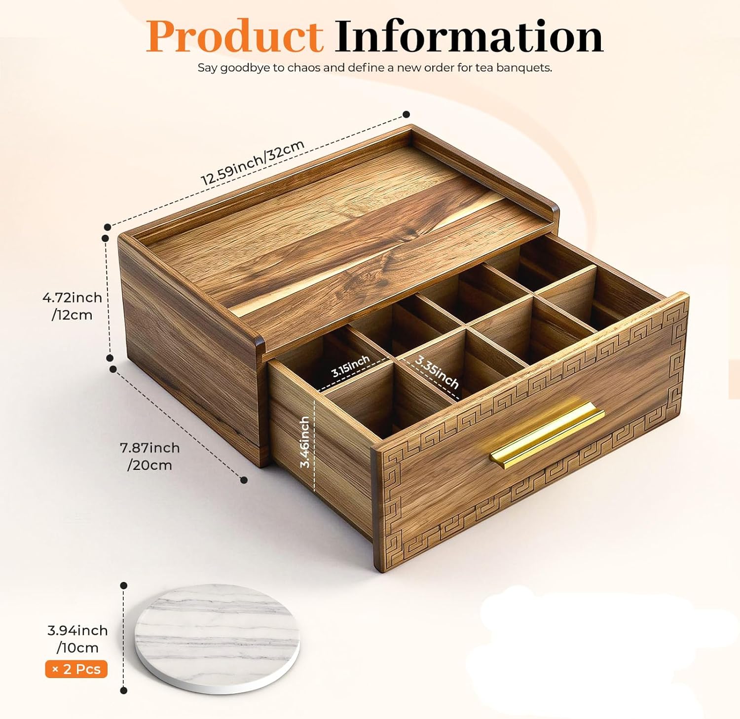 Acacia Wood Tea Bag Organizer with Storage Drawer | 8 Compartments Tea Caddy with Pattern Carving & 2 Ceramic Absorbent Coasters | Wooden Teabag Holder Tea Organizers for Countertop Organizador de Te