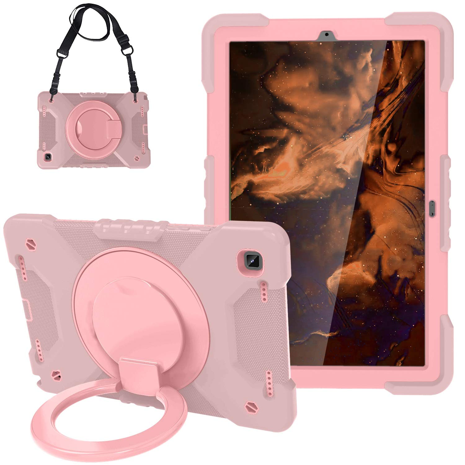 Tablet Case dla Samsung Galaxy Tab A7 10.4 T500 / T505 2020, Dzieci Trwała wstrząsy Pokrywa ochronna, z Składanym Stojakiem uchwytu, obrotowy kickstand, Pasek na ramię(Rose gold+rose gold)