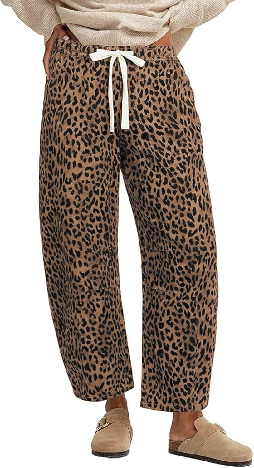 loveimgs Women Baggy Cheetah Print Barrel Jeans Leopard Printed Denim Barrel Pants Elastic Waist Wide Leg Jean Drawstring Y2k