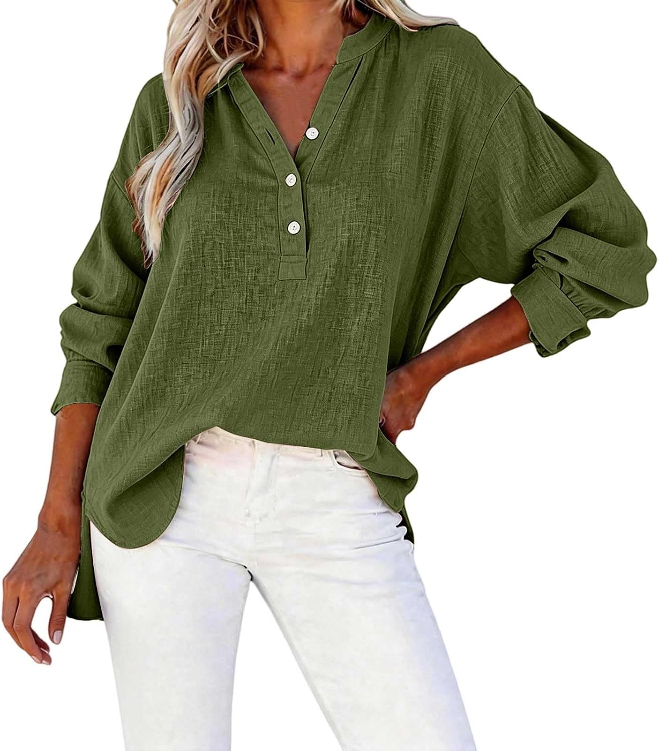 Womens Summer Tops Casual Button V Neck Long Sleeve Cotton Linen Shirts Loose Lightweight Gauze Plus Size Outifits