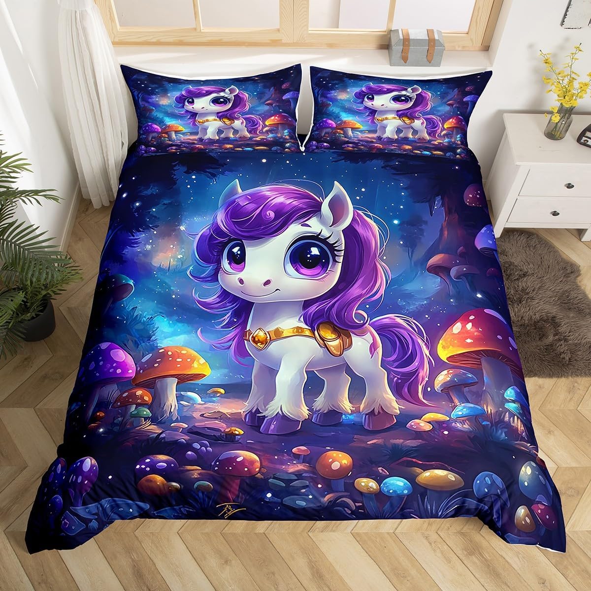 Erosebridal Purple Unicorn Comforter Cover Toddler Size Cartoon Animal Duvet Cover Colorful Mushrooms Bedding Set Kids Fantasy Themed Quilt Cover Magical Jungle 2Pcs Breathable Decor