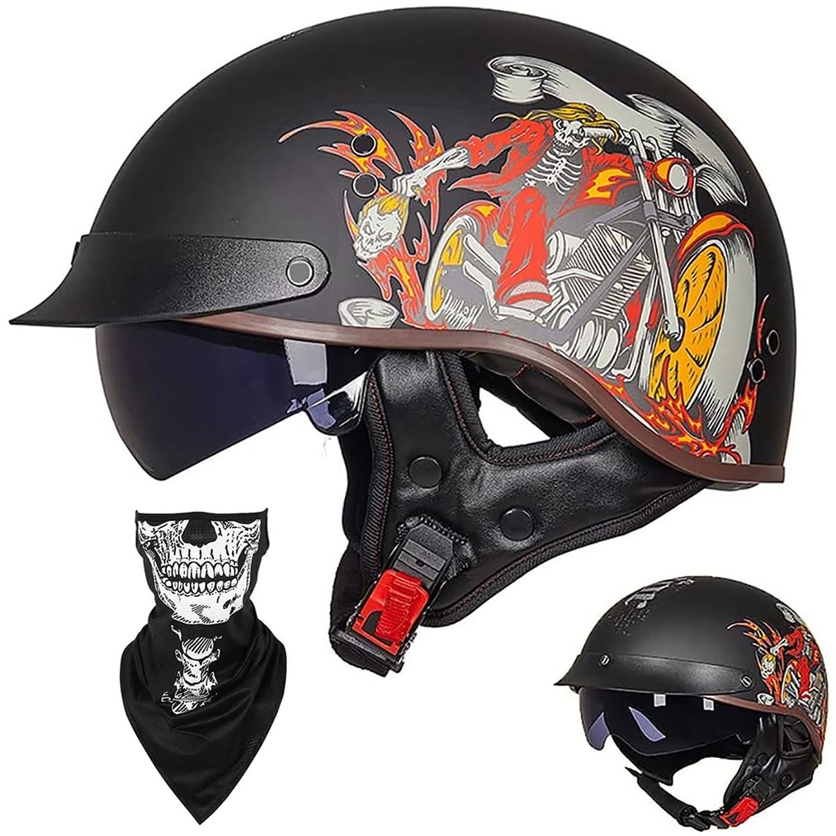Ebayin L Half Helmet Open-Face Helmet Brain - Cap Cruiser Chopper Scooter Pilot Jet Helmet Dot+Ece Certified Personality Retro Harley Motorcycle Helmet(,L=(59~60Cm))