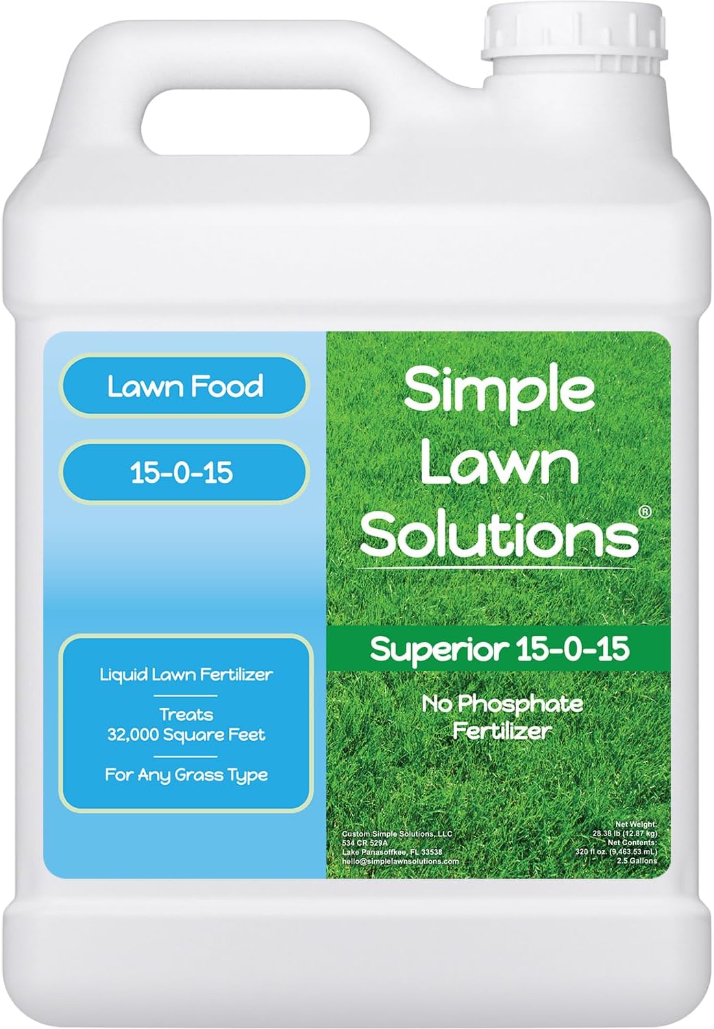 Superior Nitrogen & Potash 15-0-15 NPK- Lawn Food Natural Liquid Fertilizer - Concentrated Spray- Any Grass Type- Simple Lawn Solutions Green, Grow, Health & Strength- Phosphorus-Free (2.5 Gallons)