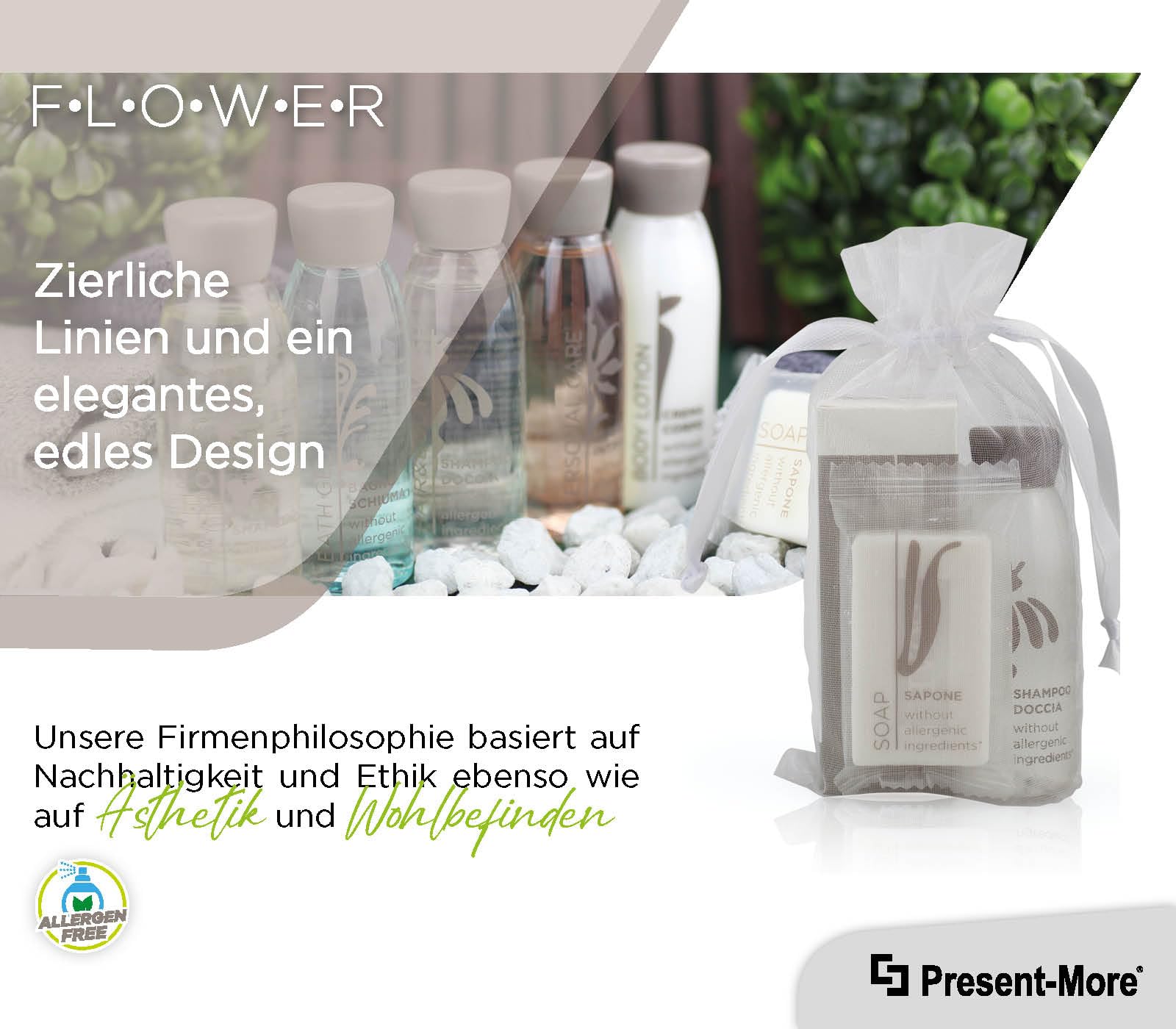 Present-More Amenities Kit Flower - Prestige Kit Toilettenartikel 100 Gäste für Hotels und B&B | Allergenfreie Amenities Kit mit Duftnoten von weißer Tee