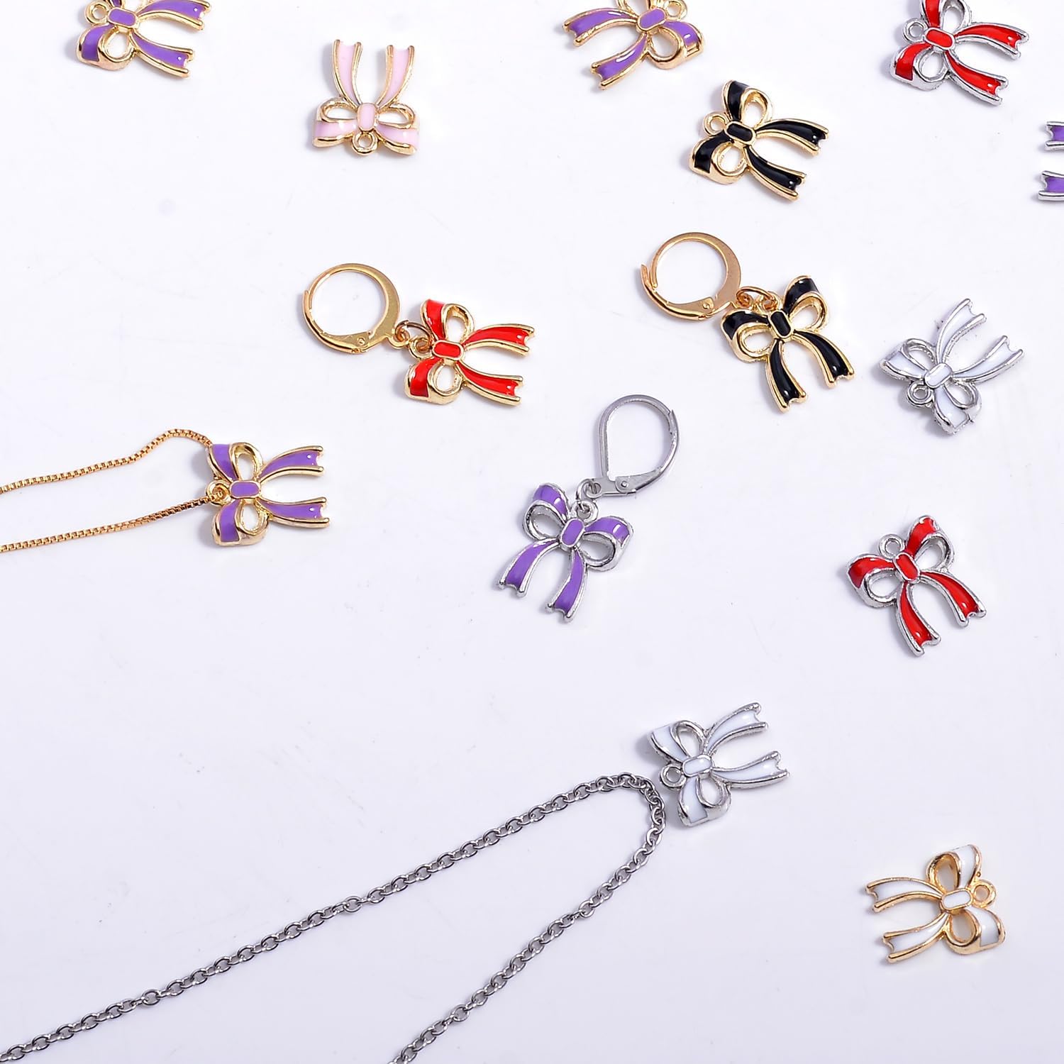 40/60PCs Metal Enamel & Rhinestone Bow Charms for Jewelry Making, Silver & Gold Plated Bow Charms for Bracelets Keychains - Image 4
