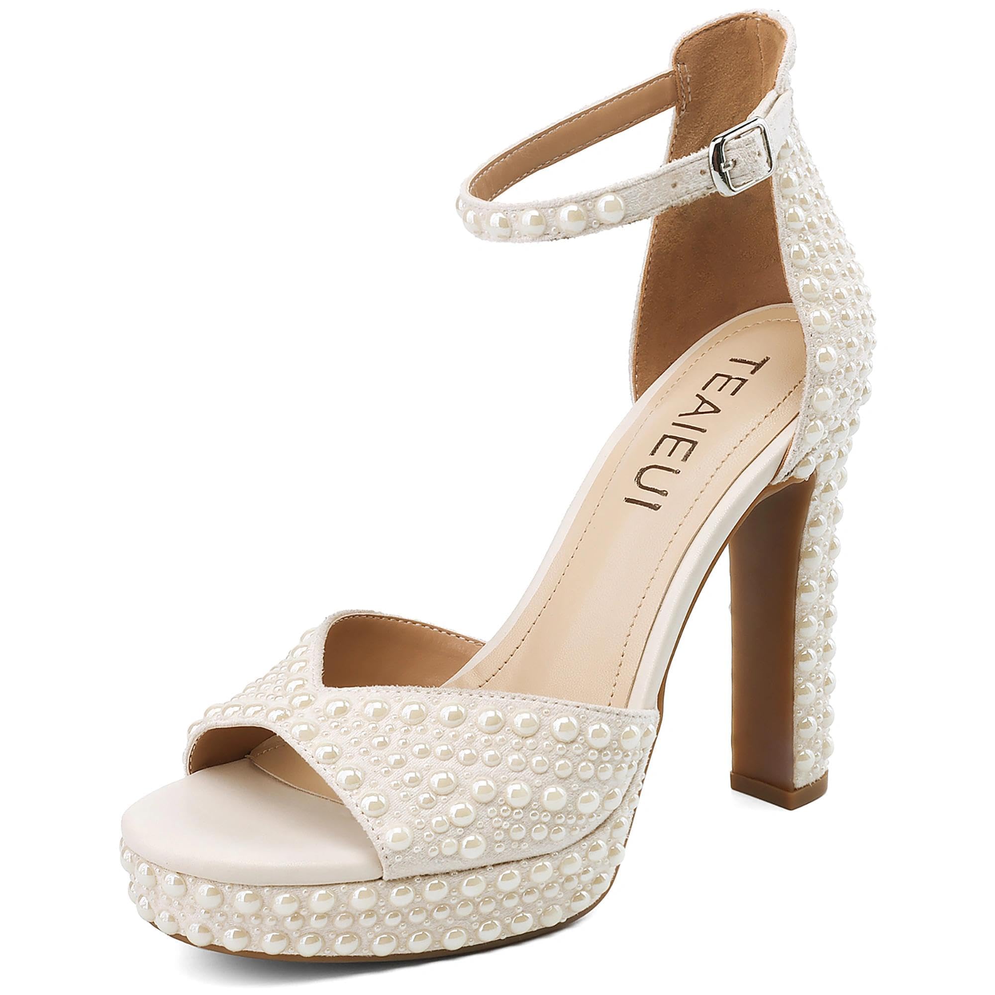 TEAIEUI Pearl Rhinestone Heels Platform Block Sandals for Women Wedding Sandals for Bride Chunky Heels Bridal Shoes with Ankle Strap