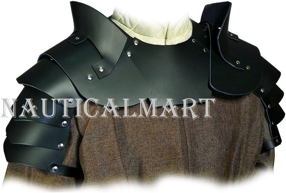 NauticalMart Knightly Leather Shoulder Armour with Neck Guard Set LARP (Black)