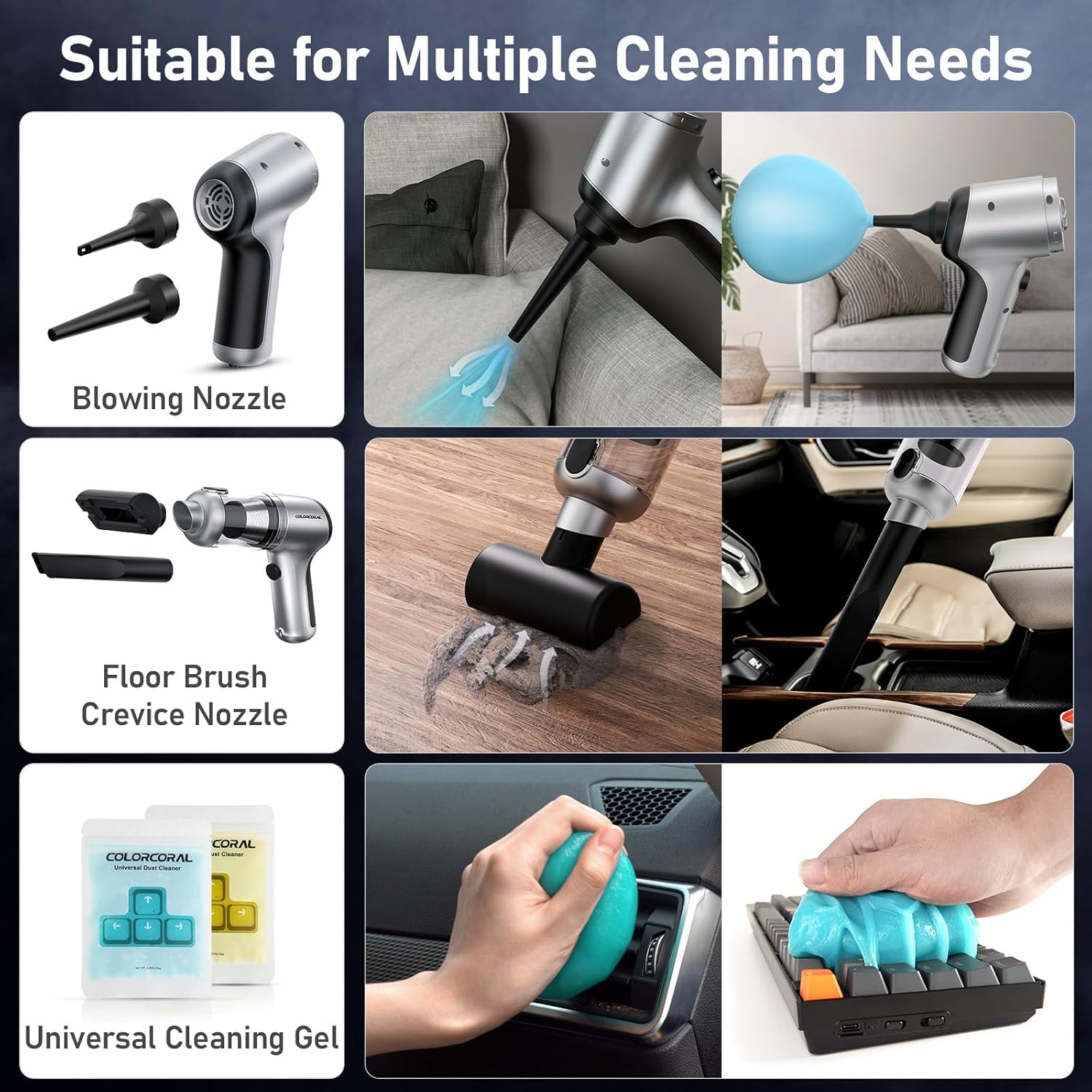 ColorCoral Portable Car Vacuum, Cordless Handheld Vacuum Cleaner with 2Pack Cleaning Gel, Air Duster Computer Vacuum Cordless Rechargeable for Car Interior, Keyboard Cleaner, Home Cleaning