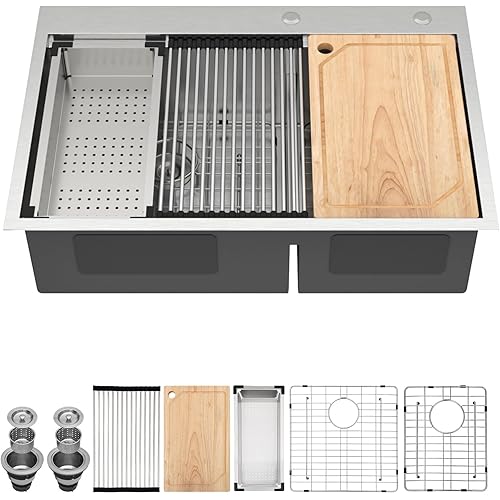 33 Inch Drop-In Double Bowl Kitchen Sink, 16 Gauge 304 Stainless Steel 60/40 Low Divide Workstation All-In One Large Sink with Accessories, Brushed Nickel #TLDB-502