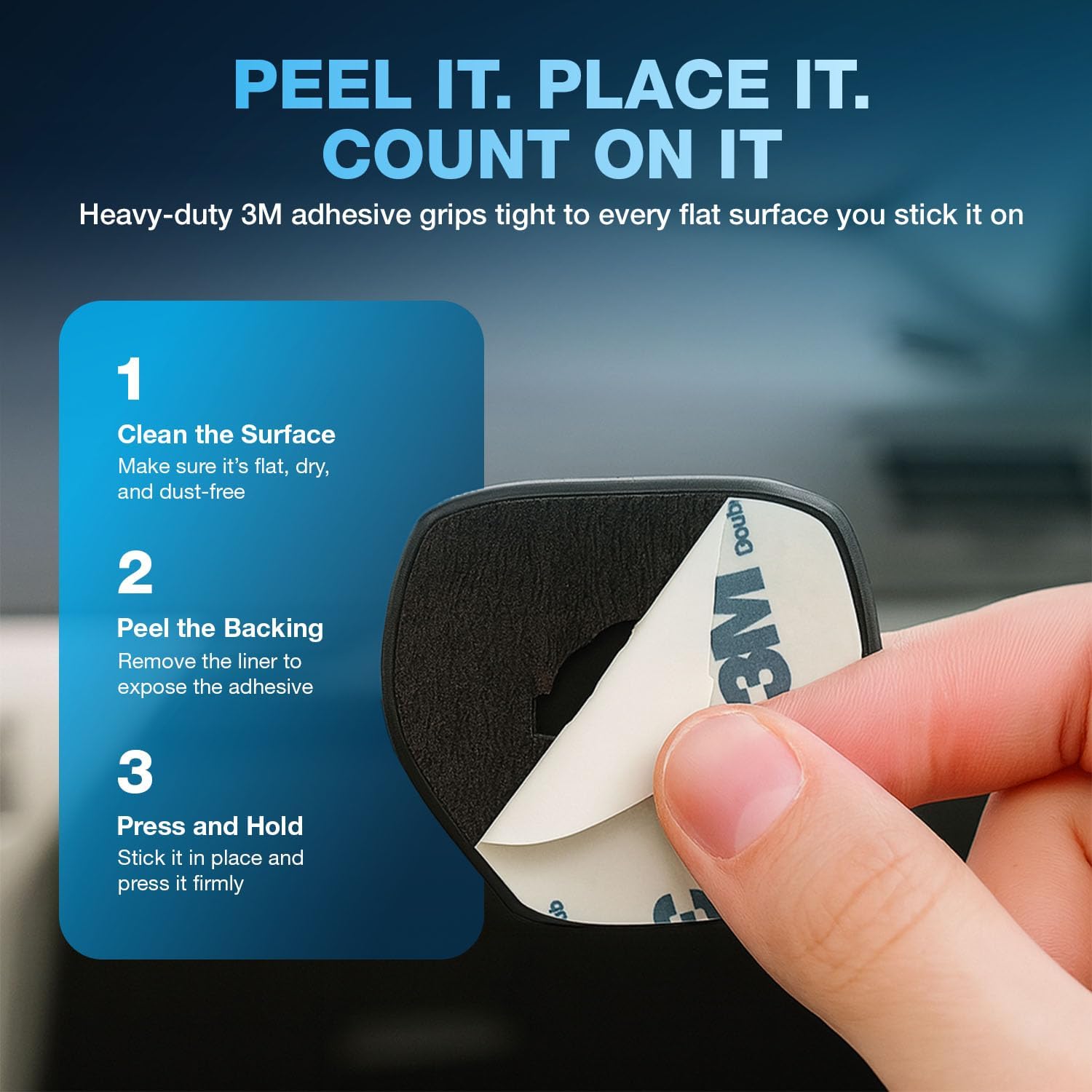 Three-step diagram showing how to install the magnetic phone holder: 1. Clean the surface, 2. Peel the backing, 3. Press and hold firmly.