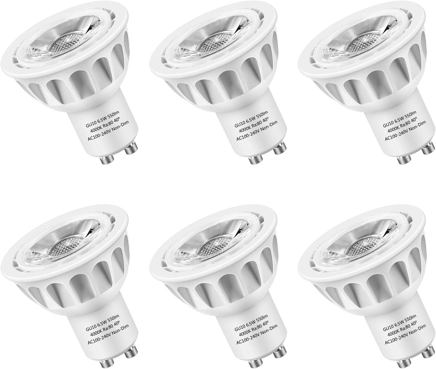 GU10 LED Bulbs, LEDMEI 6 Pack GU10 Led Light Bulbs, 50W Halogen Bulb Equivalent, 120 Volt, 6.5W 550lm, 4000K Natural White, 40° Beam Angle Spotlight, UL Listed, Non-Dimmable