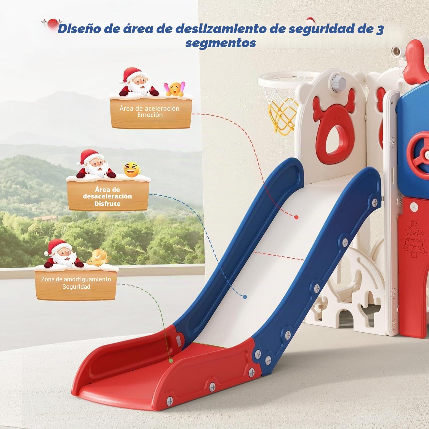 Tobogán para niños, grande con canasta de baloncesto, estructura de escalada para jardín, telescopio, espacio de almacenamiento (tobogán alce 7 en 1 – azul y rojo)