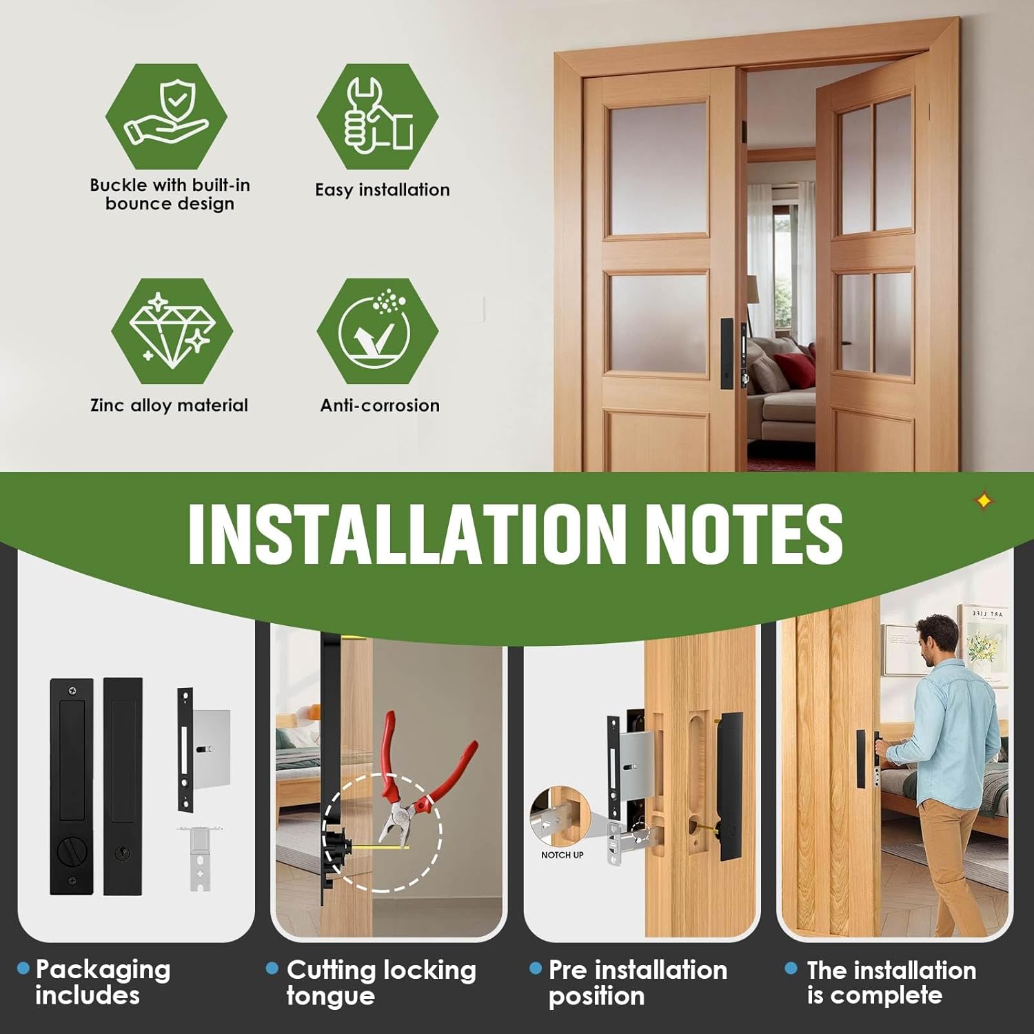 Pocket Door Lock,Pocket Door Hardware with Lock,Pop-Up Sliding Door Handle for Pocket,Bedroom,Bathroom Doors,to Doors 1 5/12" to 2 2/8" Thick (Key-Black)