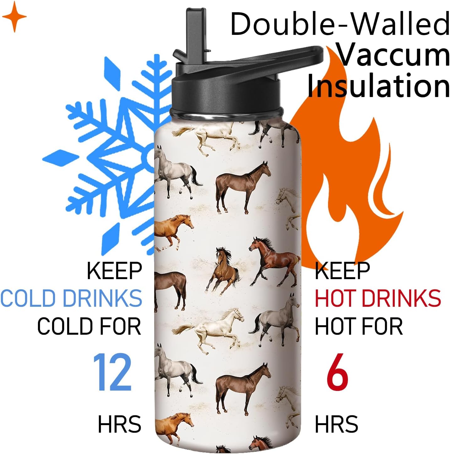 32oz Horse Water Bottle with Handle and Flip Straw, Animal Sports Stainless Steel Insulated Cup Travel Coffee Mug Tumbler, Birthday Mothers Day Chritmas Gifts for Women
