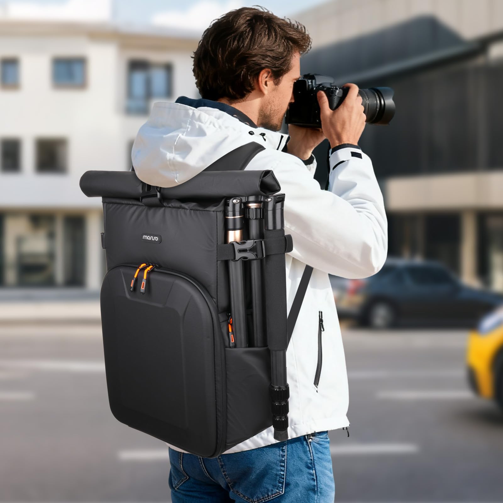 MOSISO Plecak na aparat, DSLR/SLR/torba na aparat fotograficzny z twardą obudową, kieszenią przednią, kieszenią na laptopa, uchwytem na statyw, ochroną przed deszczem, kieszenią na rolkę, do Canon