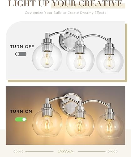 Miniatura 4 de Lámpara de baño de 3 luces, lámpara de tocador de níquel cepillado sobre el espejo, aplique de pared de vidrio globo, ZCVL02BN-3
