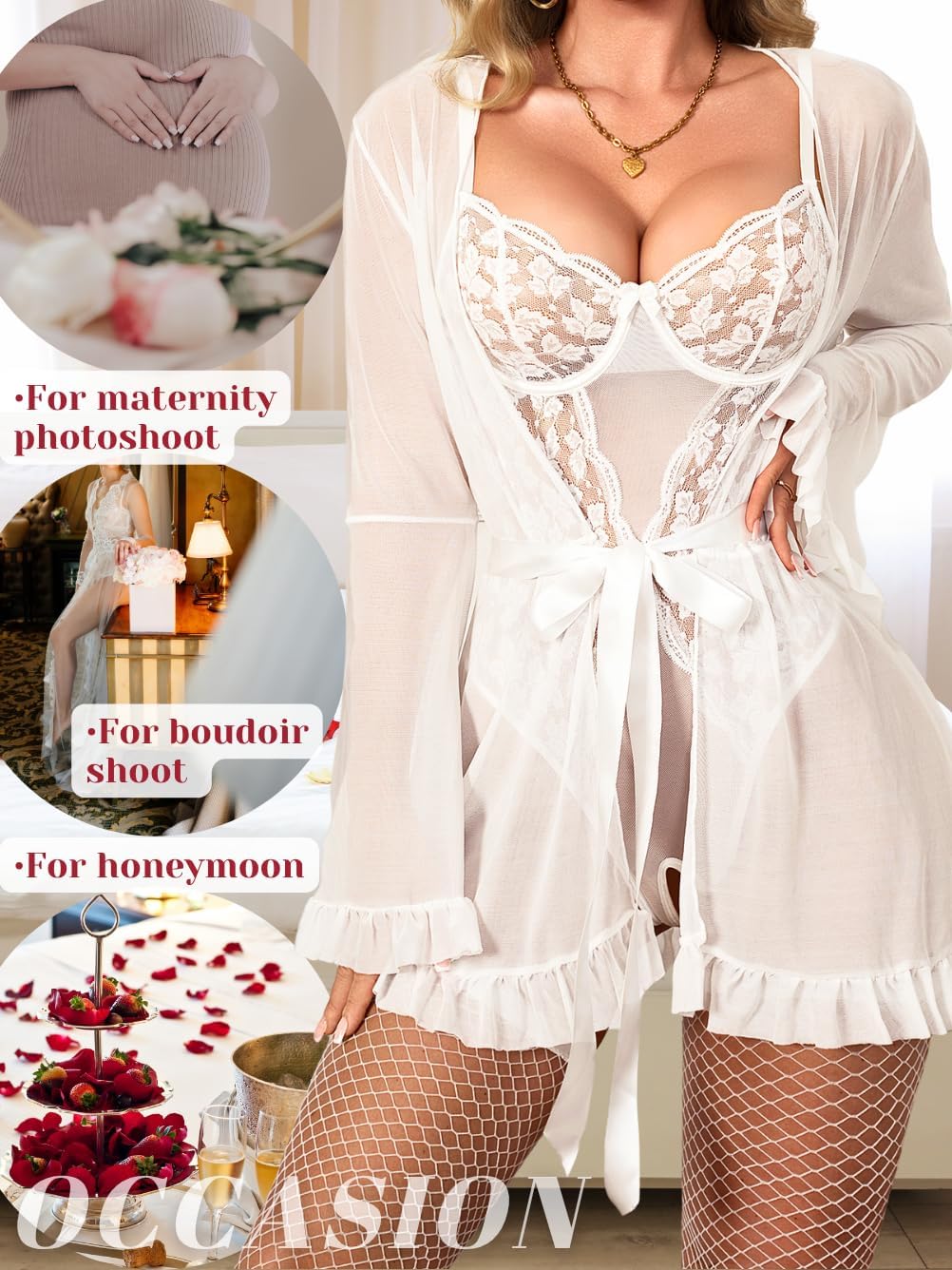 ShawGobow Sexy Lingerie With Stockings,Lace Bodysuit & Sheer Robe Sets,Women Bridal Valentines Boudoir Outfits