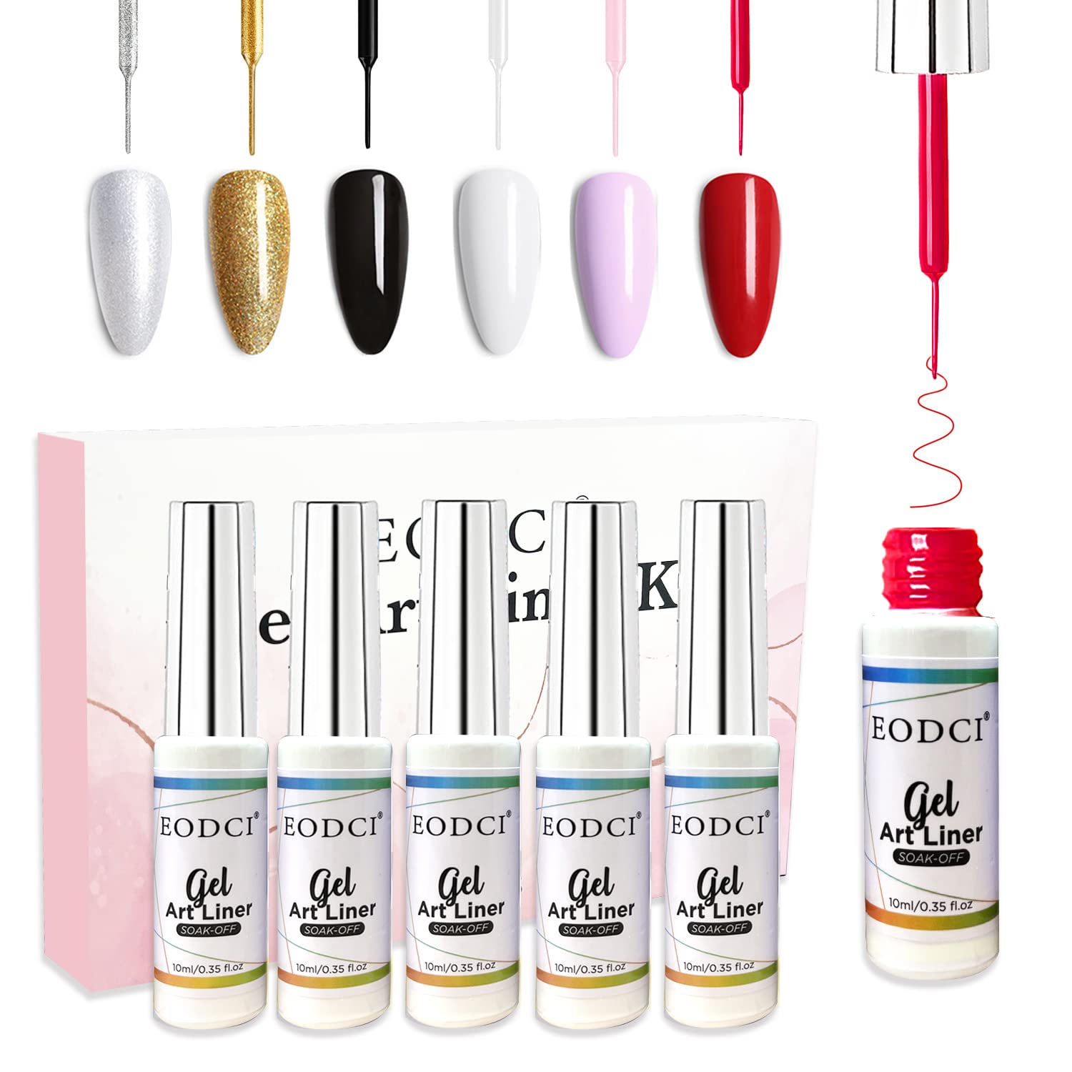 Nail Art Liner Set 6 Pcs Black White Red Gold Silver Glitters Colors Paint Swirl Built Thin Brush in Bottle Soak off Led Lamp Gel Liner Nail Polish Manicure Kits