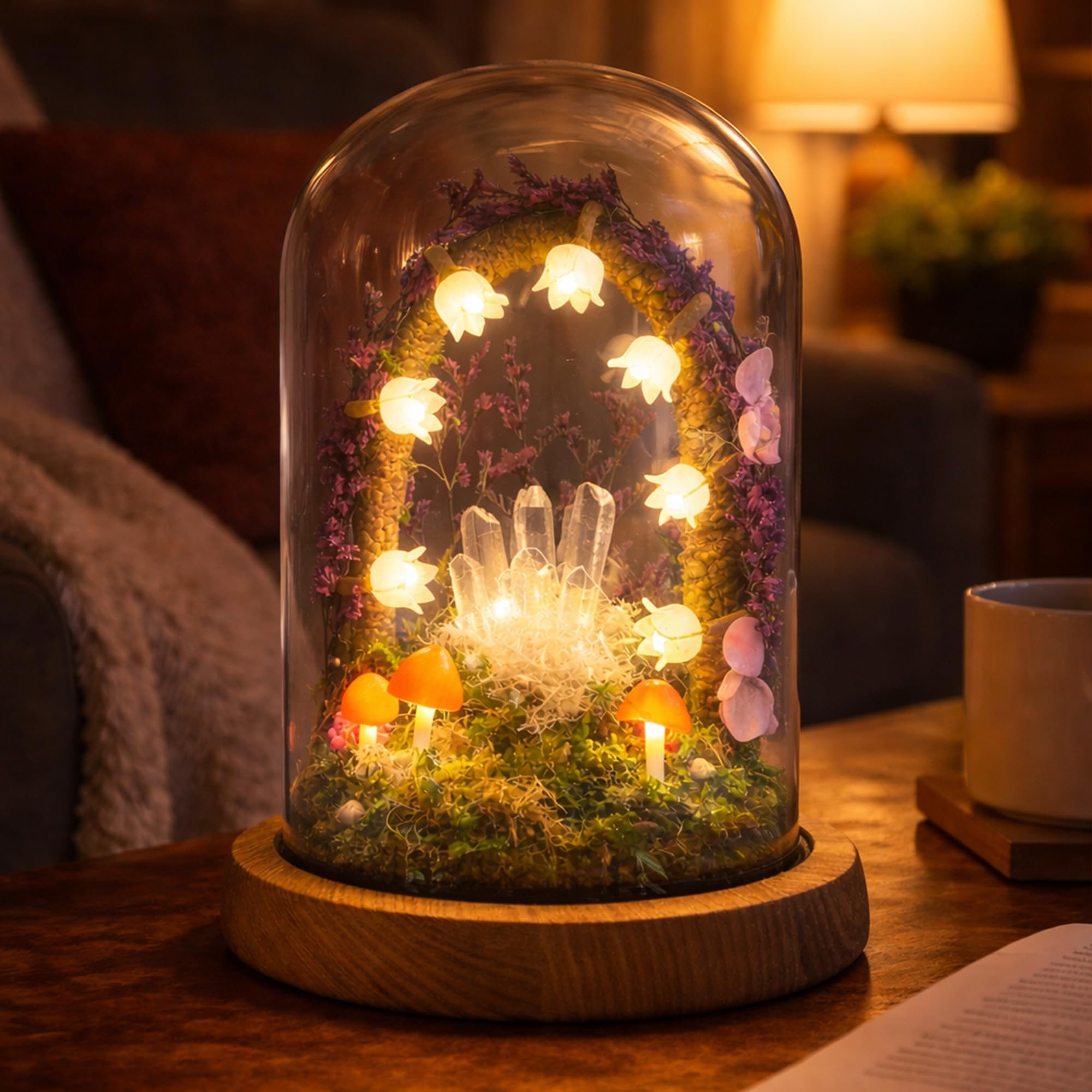 Mushroom Night Light Lamp - Handmade Glass Dome Fairy Light with Solid Wood Base USB or Wireless Cozy