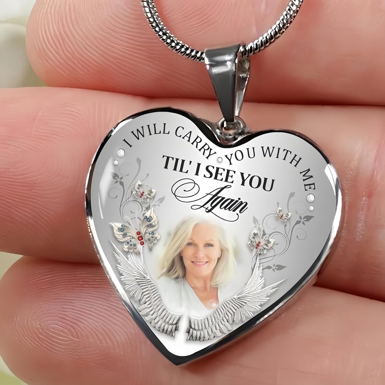Drawelry Personalized Photo Memorial Necklace Customized Picture Pendant With Angel Wings Sterling Silver for Women Men I Will Carry You with Me Heart Memory Necklace Jewelry Gift for Memorial Father's Mother's Day Birthday Anniversary Loving Memory - Image 4