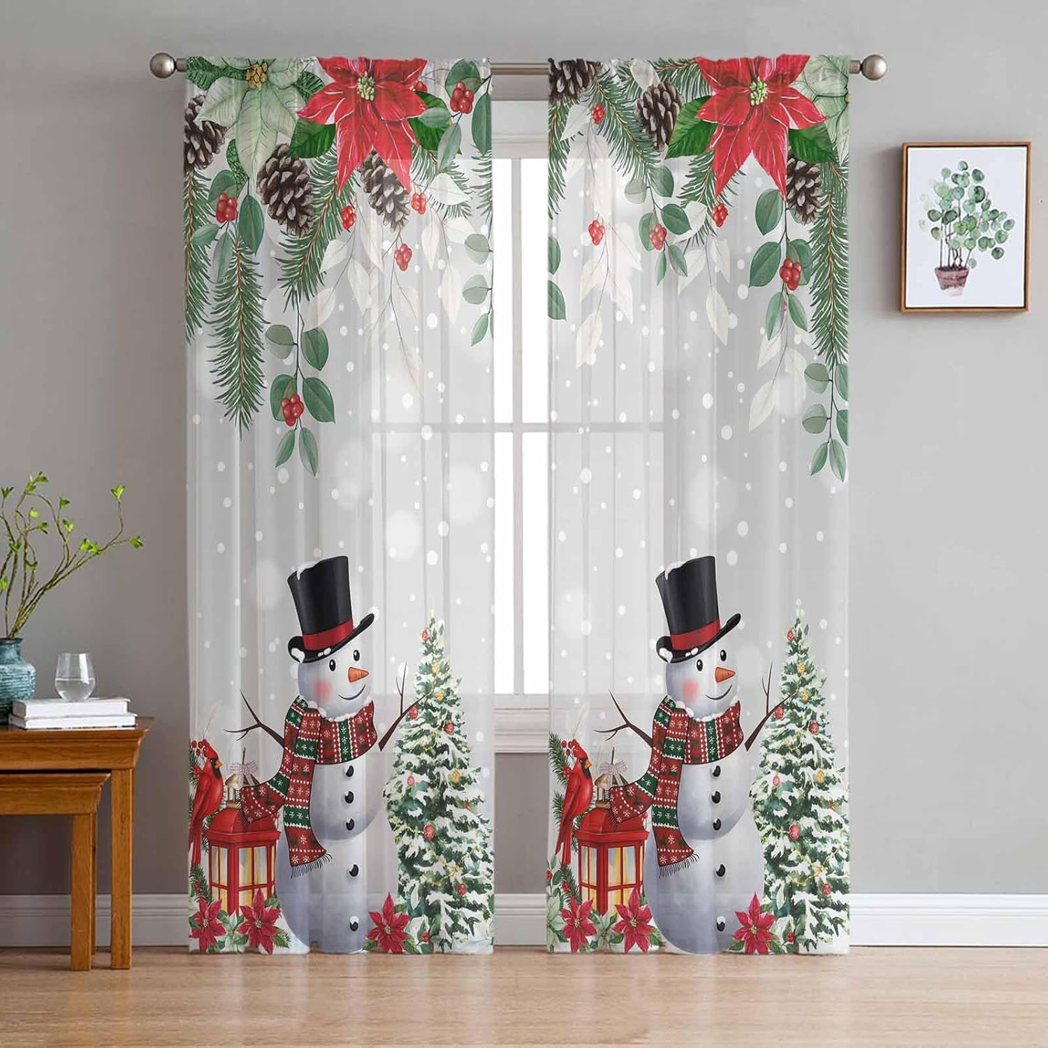 Christmas Snowman,2 PCS Semi-Sheer Curtains 108 Inches Long,Grey Winter Xmas Tree Snowflake Red Poinsettia Rod Pocket Voile Panels,Window Drape Chiffon Fabric Curtains for Living Room Bedroom,104x108