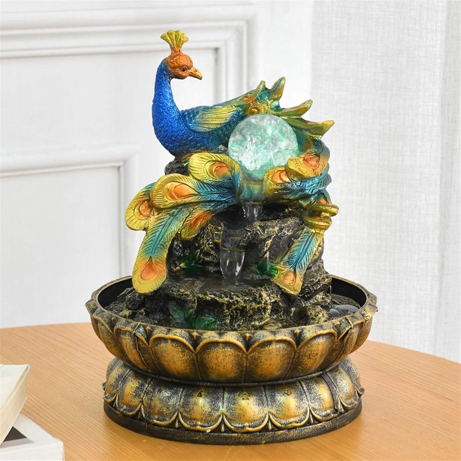 Tabletop Fountain Home Lucky Feng Shui Decoration Desktop Fountain Resin Peacock Fountain Waterfall with Crystal Ball, 20cm×20cm×26cm Desktop Fountain(Color:A)