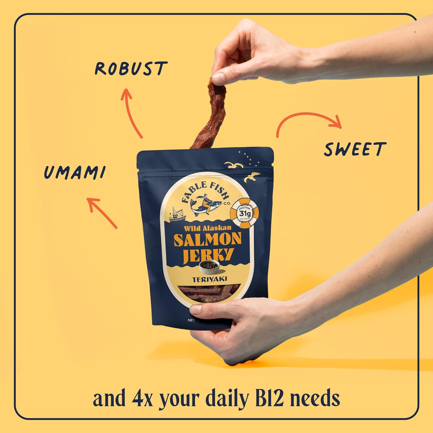 Fable Fish Wild Alaskan Salmon Jerky - Wild Caught Salmon with 31g of Protein - Tasty Fish Jerky with Omega-3s and Natural Source of Collagen - Made with Whole Muscle Sockeye - Teriyaki - 3 Pack