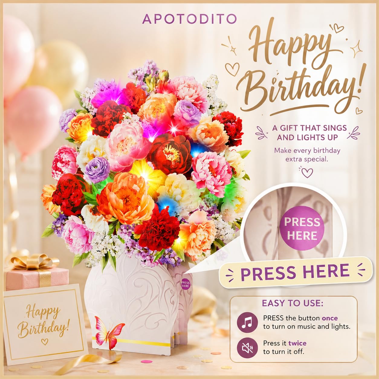APOTODITO Tarjetas de cumpleaños para mujer, tarjeta de flores con música y luz, tarjeta 3D de ramo de flores, tarjetas de regalo para mamá, mujer, esposa, hija, novia