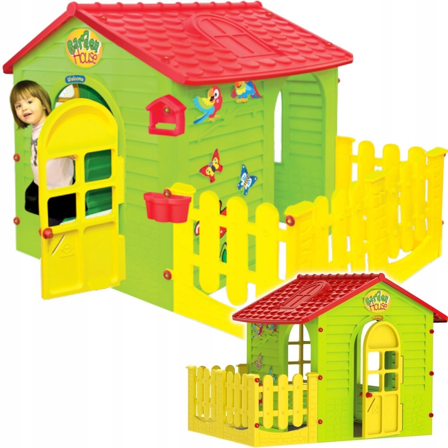 Mochtoys Spielhaus für Kinder - Kinderhaus mit Kleinem Garten, Outdoor Gartenhaus für die Jüngsten mit Terrasse und zu öffnenden Fenstern, Wetterfest, REGT Fantasie und Kreativität an