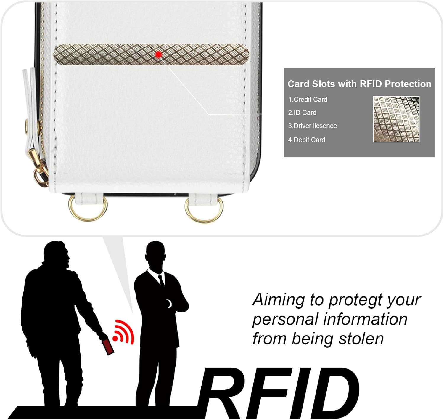 KIHUWEY Crossbody Wallet Case for iPhone 17, Zipper Pocket Case with Card Holder, PU Leather RFID Blocking Protective Cover Case with Kickstand Detachable Wrist Strap Lanyard 6.3" (White)