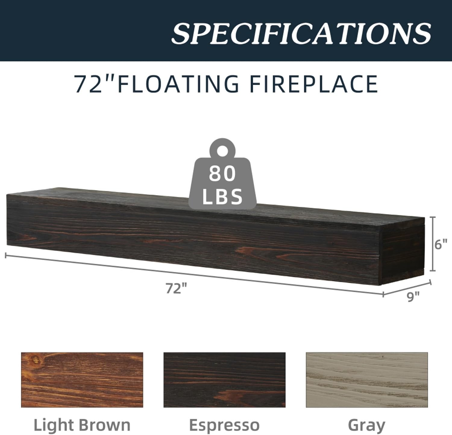 Rustic Solid Wood Floating Fireplace Mantel Shelf Wall Mounted Decorative Beam with Hidden Metal Brackets, Farmhouse Style (Espresso,72")