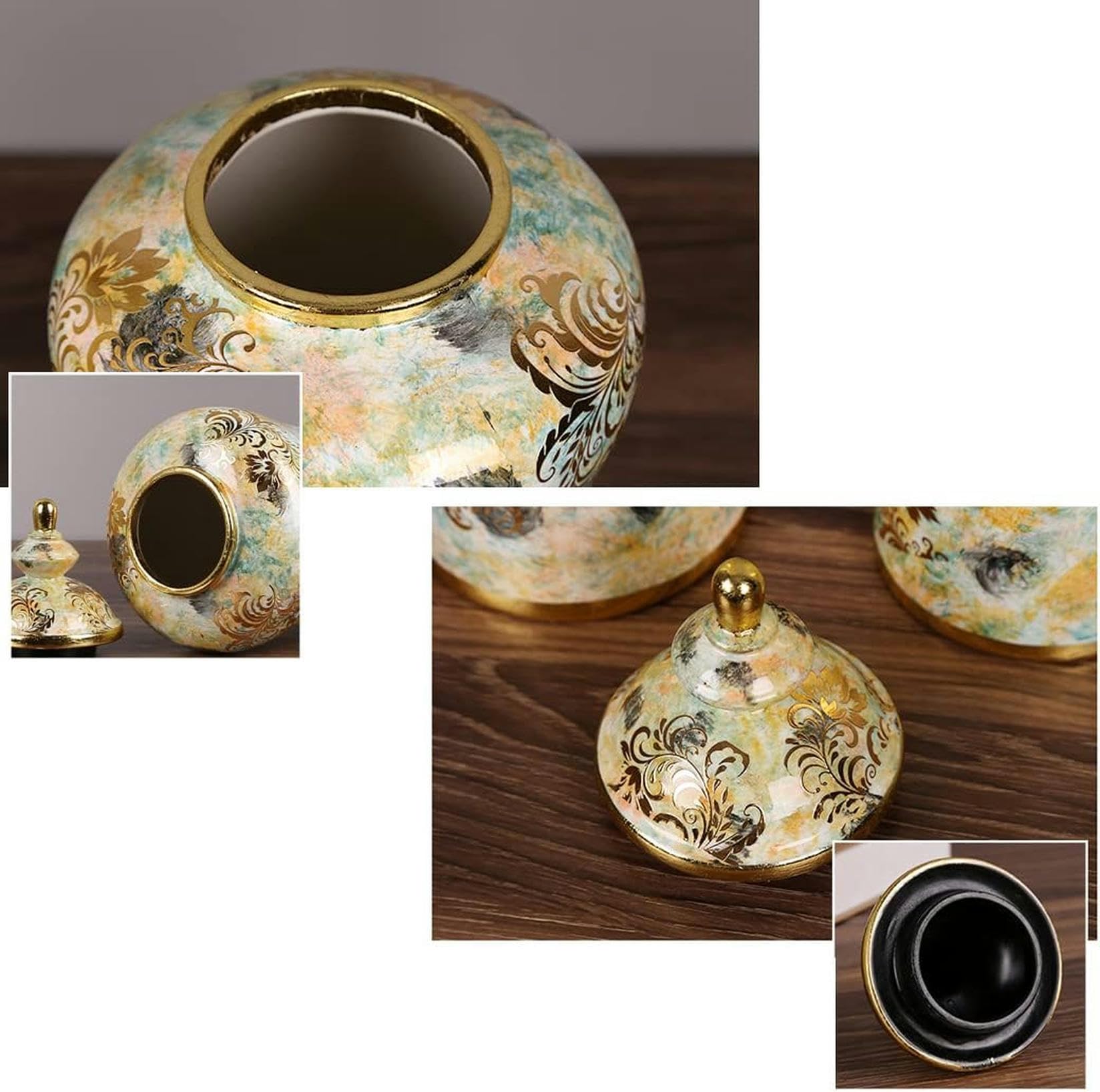 Jarrones De Cerámica Tarro De Jengibre con Tapa para Decoración del Hogar, Jarrón De Templo Dorado, Porcelana Tradicional China, Grandes Floreros Secos, Decoración para Sala De Estar, Mesa Central