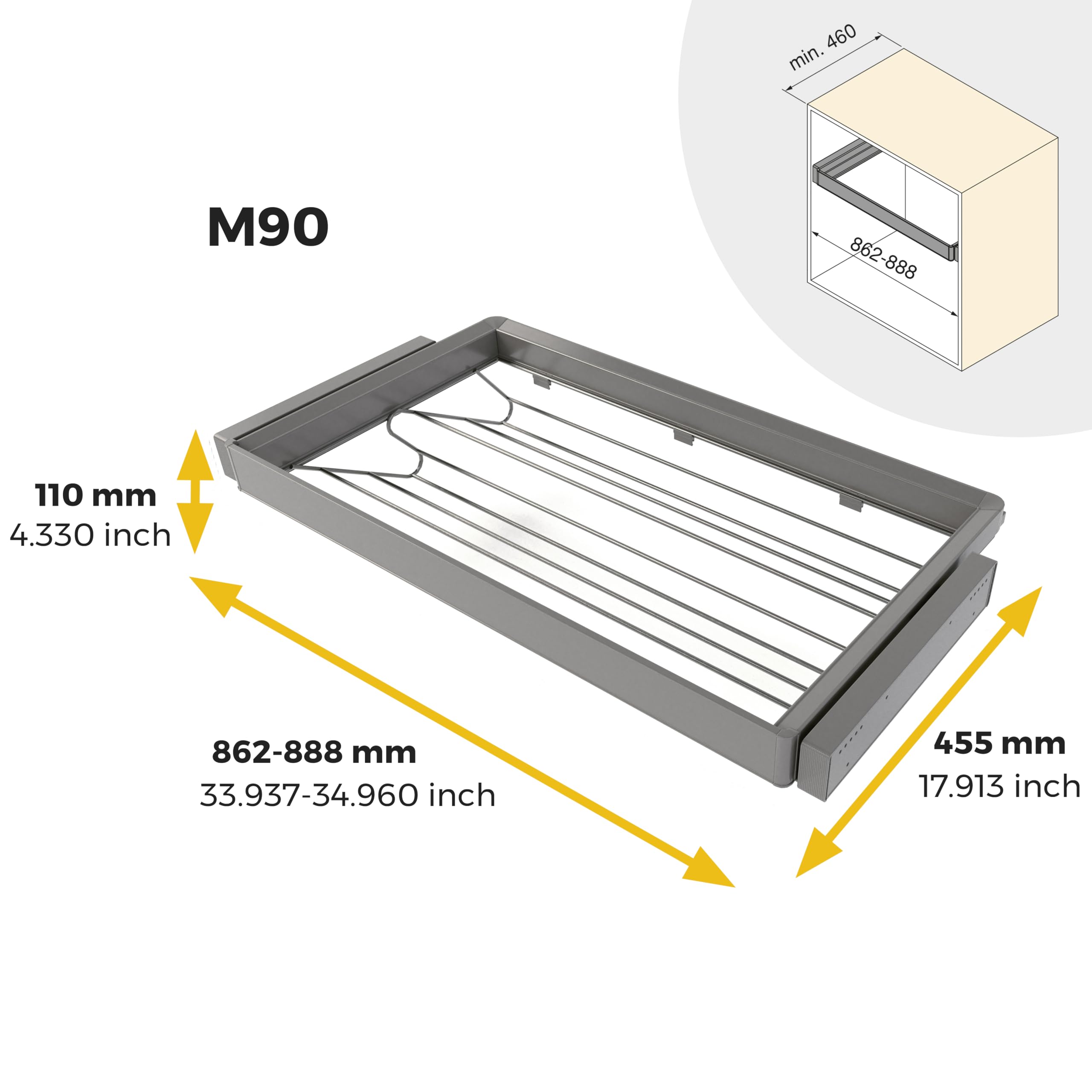 Emuca - Kit de cajón zapatero y bastidor regulable Quartz para armarios, guías de cierre suave y extracción total, Módulo 90cm, Acabado Titanio