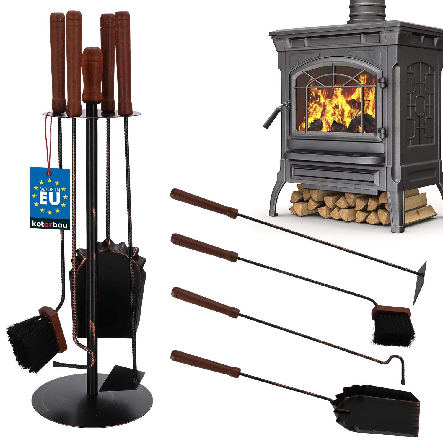 KOTARBAU® Kaminbesteck mit Ständer Set Kaminzubehör Kaminständer Schürhaken Aschekratzer Kohlenschaufel Besen Kamingarnitur Kaminset Ofenbesteck Schwarz