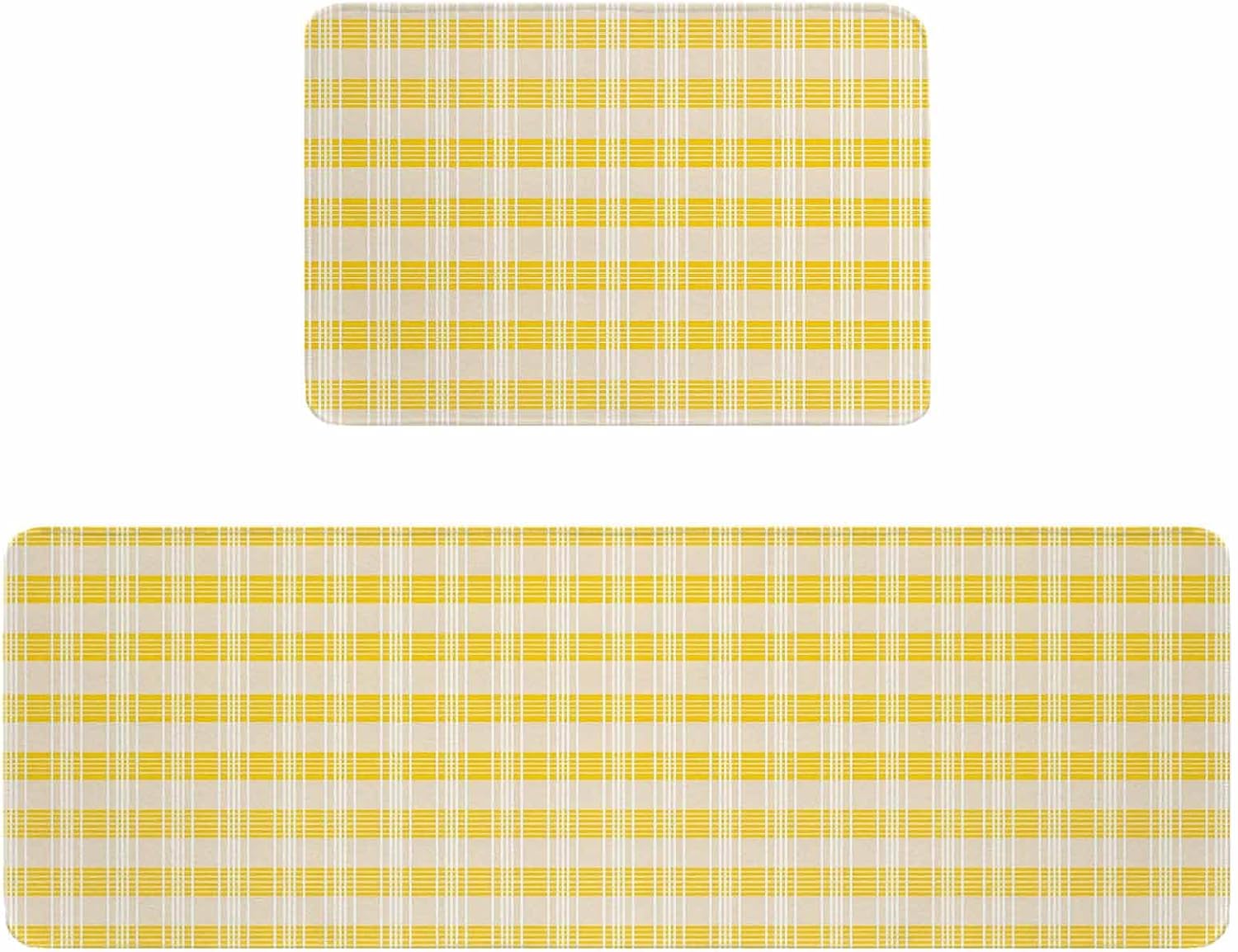 Yellow Plaid Striped Kitchen Rugs and Mats Set of 2, Non-Slip Kitchen Sink Mat, Farmhouse Checkered Modern Abstract Art Washable Doormat Bathroom Rugs Runner for Bedroom 15.7"x23.6"+15.7"x47.2"