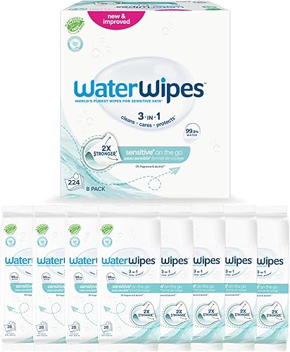 WaterWipes Sensitive+ On The Go Toallitas 3 en 1 limpias, cuidan, protegen, 99.9% de agua, toallitas húmedas sin perfume e hipoalergénicas, 224
