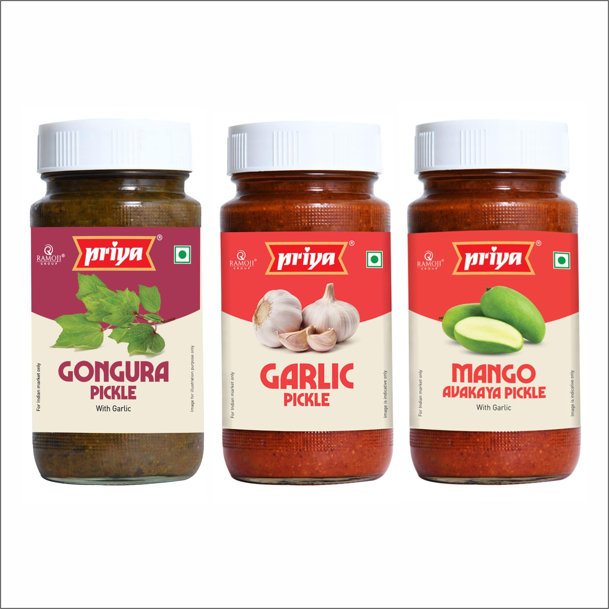 Priya Pickles Combo of 3 Pickle With Garlic Total 900gm (Each-300g) I Gongura ,Garlic ,Mango avakaya I Authentic Telugu Style Achar | Traditional South Indian Taste | Homemade Andhra Pickles | Glass Jar
