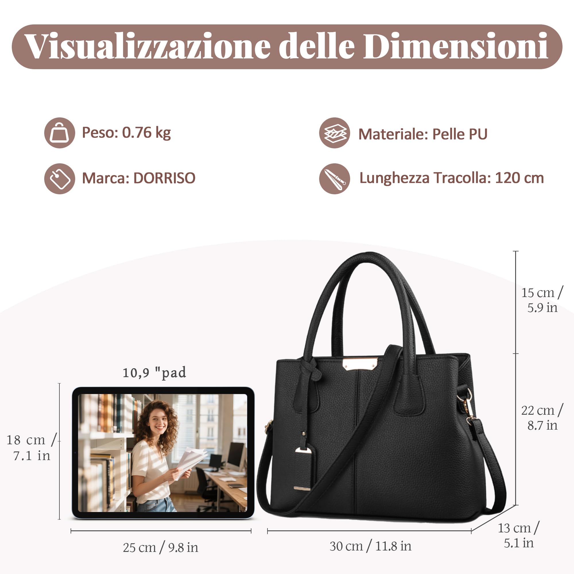 Donna Borsa a Mano Grande Capacità Tracolla Elegante Messenger in PU Pelle, Ornamenti di Moda Tote Comodo Nero