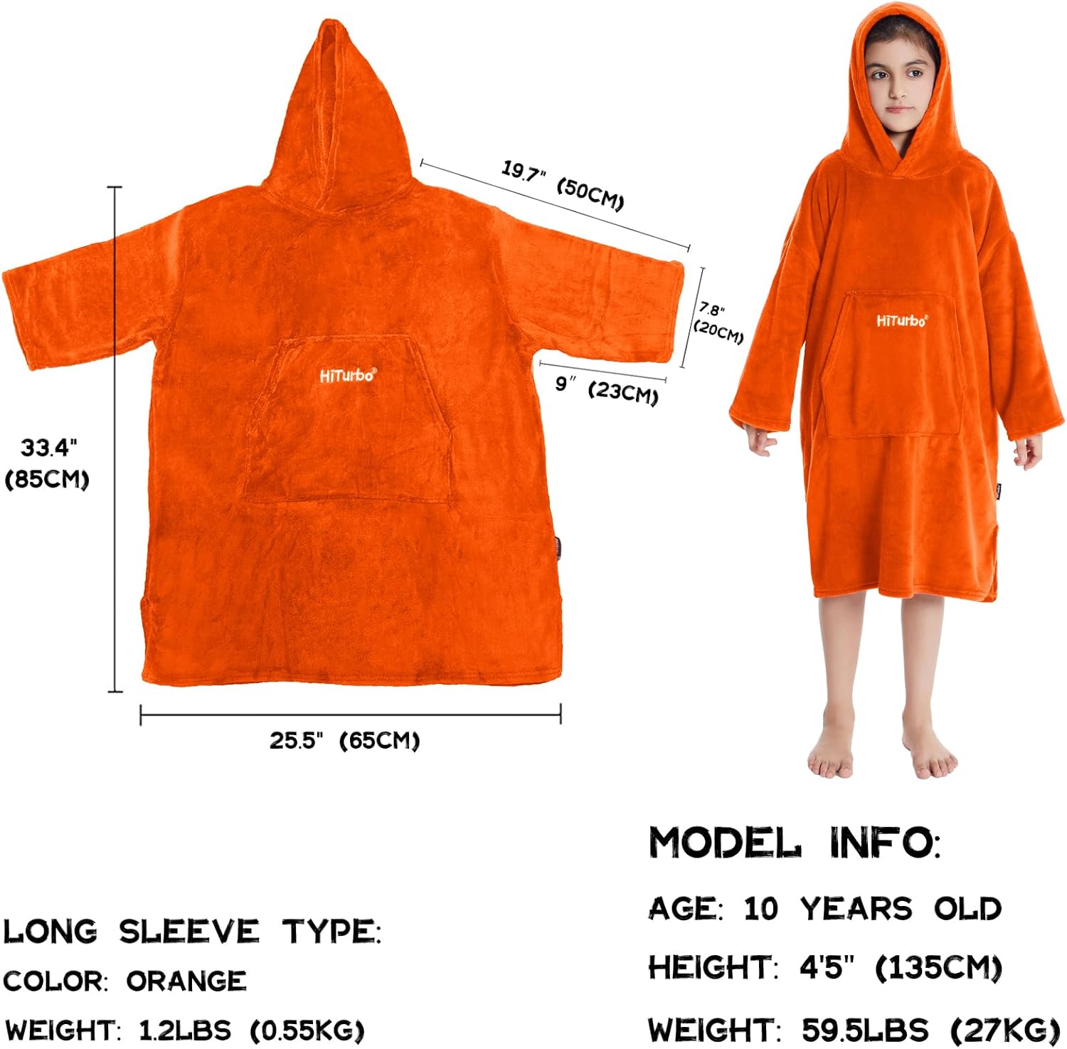 Hiturbo Kids Towel Changing Robe: Soft Plush Wearable Blanket - Warm Coral Fleece Hoodie - Swim Surf Poncho for 5-12 Years (Orange)