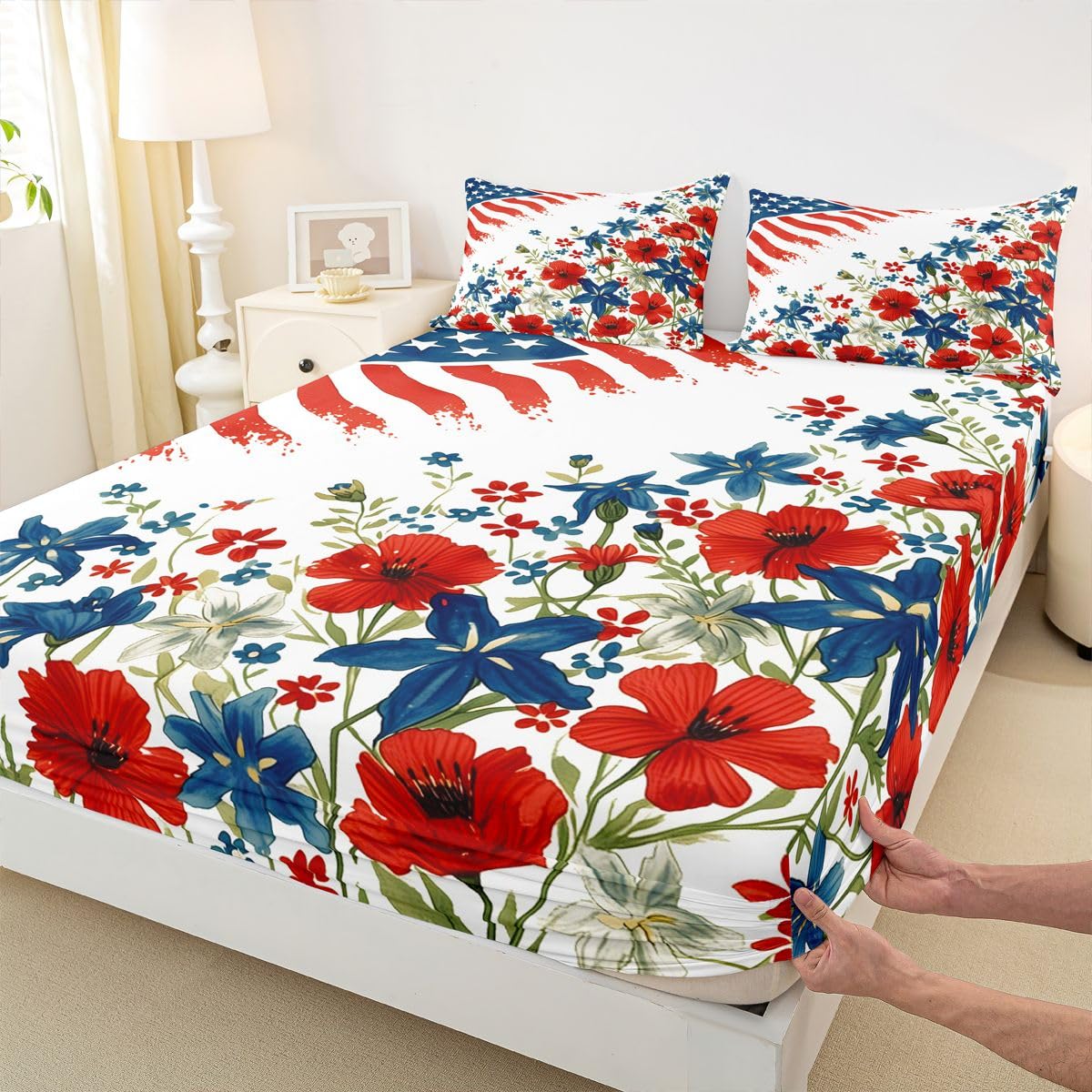 Manfei Juego de sábanas bajeras de 3 piezas con diseño de bandera estadounidense, diseño de flores de acuarela, estilo patriótico y rústico con 2 fundas de almohada, decoración de habitación infantil