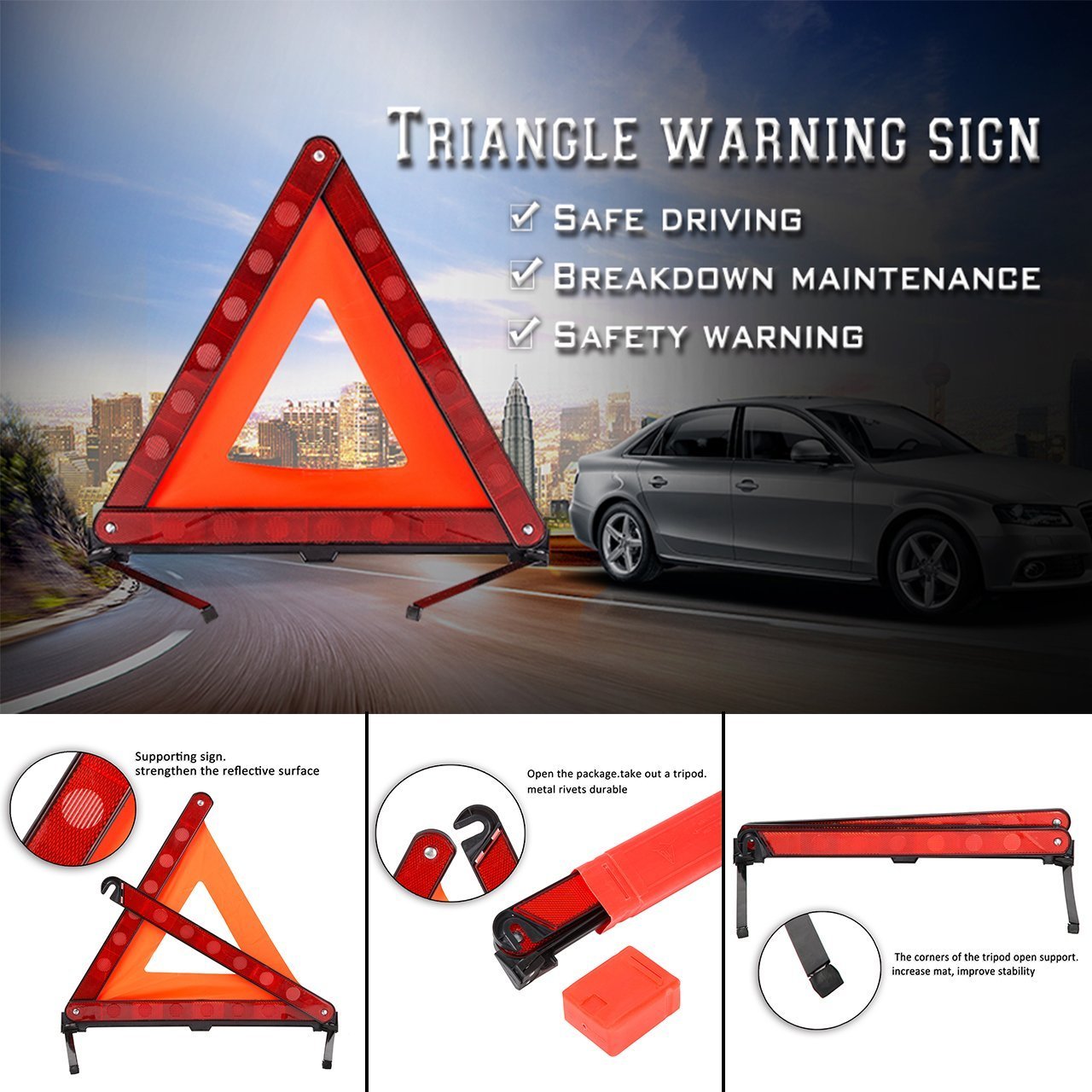 Triangolo Di Segnalazione Pieghevole Per Auto - Riflettente, 43x43x43 Cm | Conforme ECE | Per Emergenze Stradali | Con Custodia - Foto 10