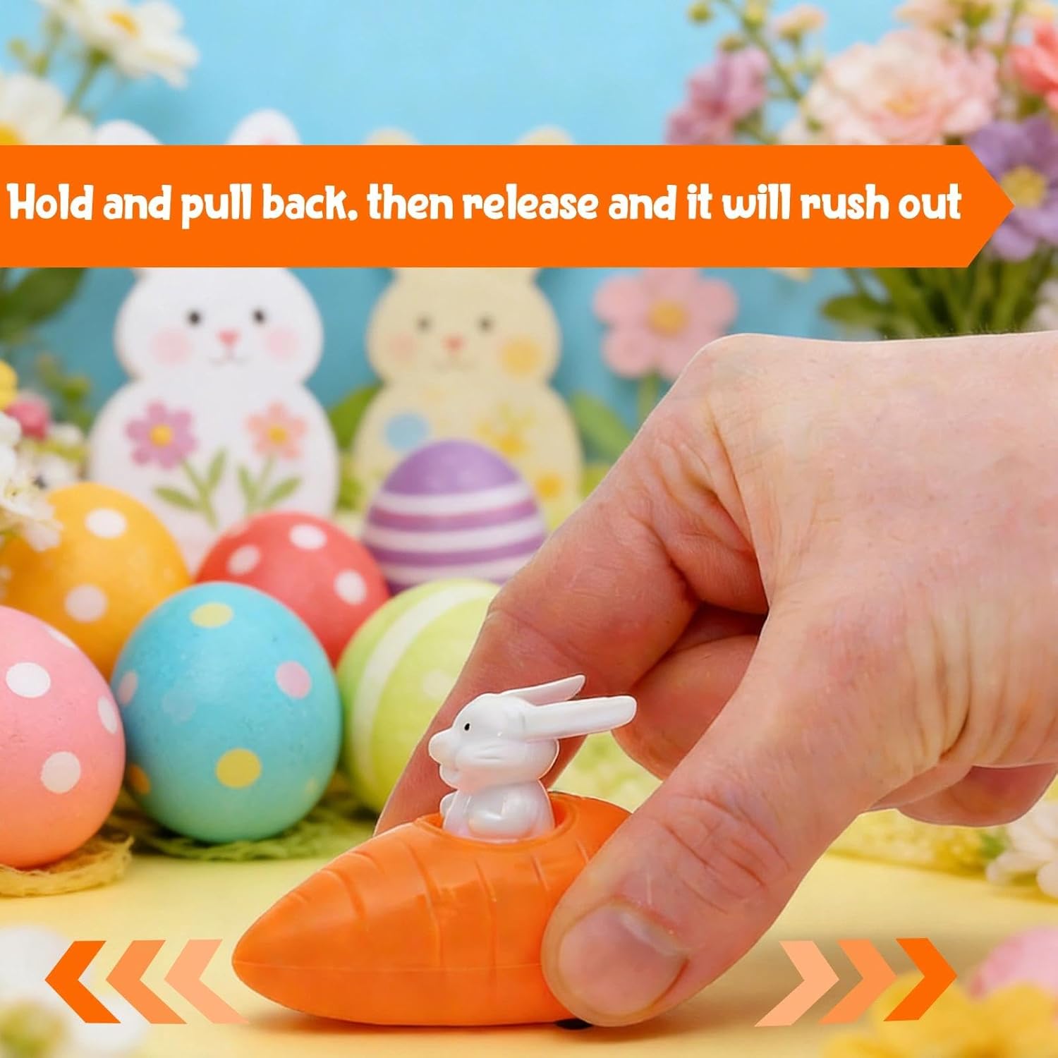 Pack of 4 Wind-Up Toy Carrots with Rabbits Wind Up Car Small and Light Rabbit Clock Movement Toy Car, Easter Decoration Retractable Cars from 1 Year for Children Boys Girls