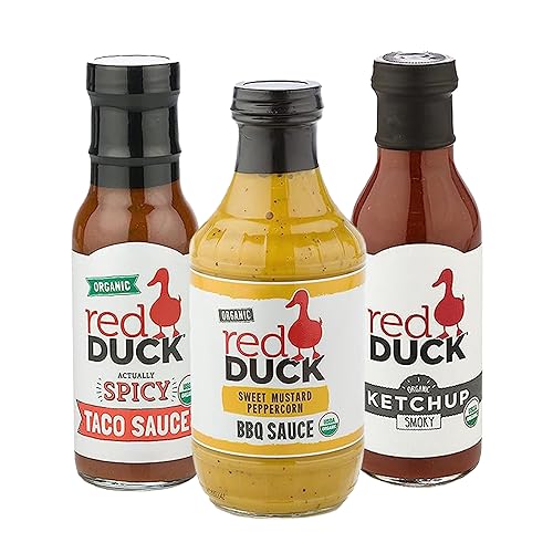 Red Duck Paquete variado de condimentos orgánicos, salsa de tacos picantes, salsa de tomate ahumado y salsa barbacoa de mostaza dulce y pimienta