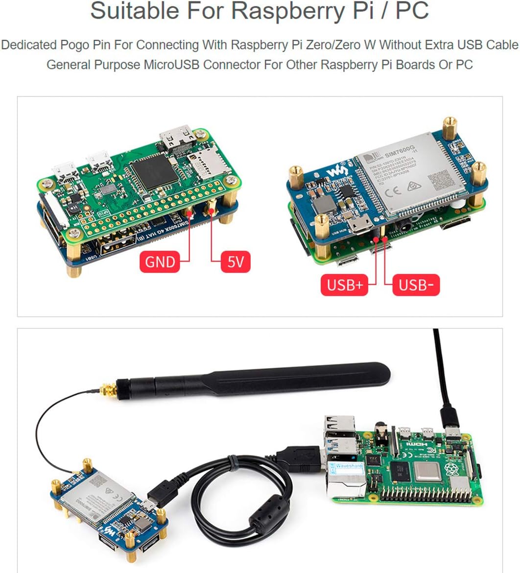 SIM7600G-H 4G HAT Module connected to Raspberry Pi Zero via pogo pins, showing GND and 5V connections