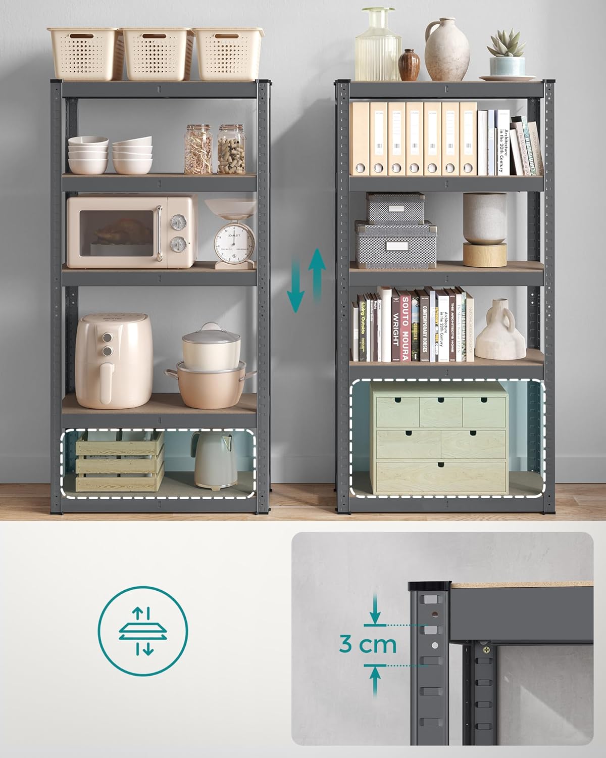 Image showing the 5-tier shelf split into two smaller units, one used in a kitchen and the other in an office. A close-up also shows the wall attachment mechanism with a 3 cm gap.