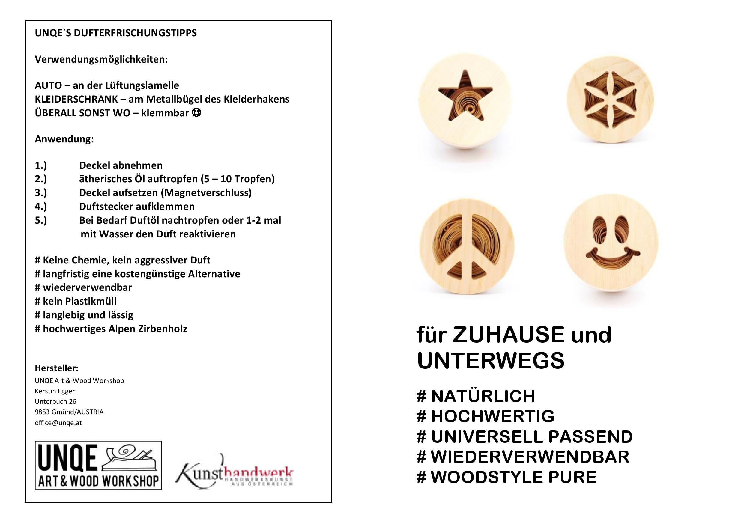 Zirbenholz Auto Duft Duftstecker Set mit 10 ml Bio Zirbenöl u. Duftsack (Lebensblume)