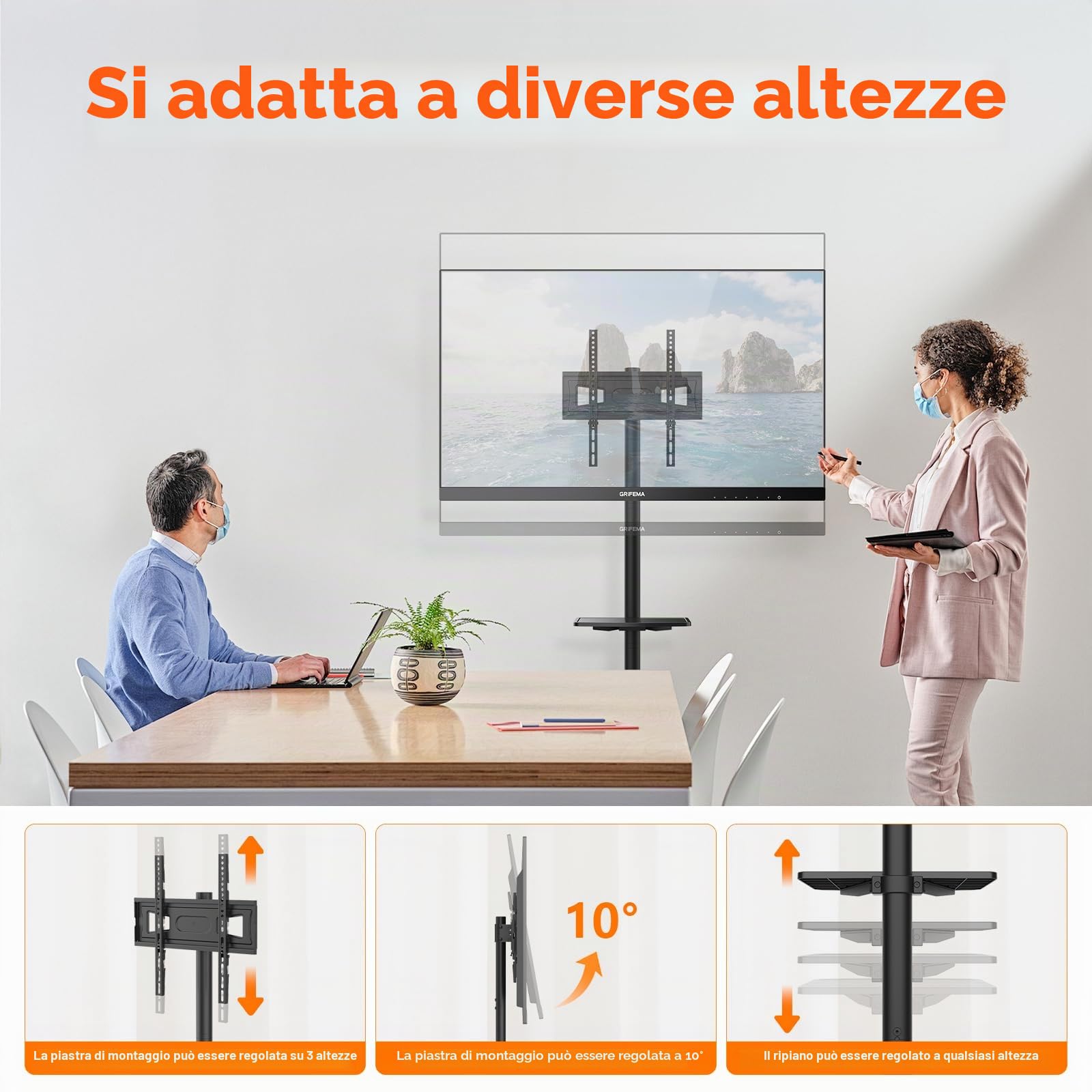 GRIFEMA Supporto TV su ruote per TV fino a 65 pollici | Per TV plasma, LCD e LED, con ripiano per laptop, fino a 40 kg, max VESA 400x400mm
